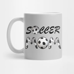 Soccer Mom. Soccer Balls and Black and White Soccer Patterned Letters. (Silver Gray Background) Mug